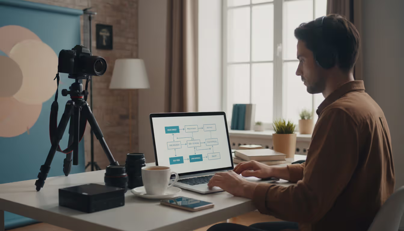 Photographer confidently working on laptop displaying an automated workflow diagram with connected steps, organized desk with camera on tripod nearby