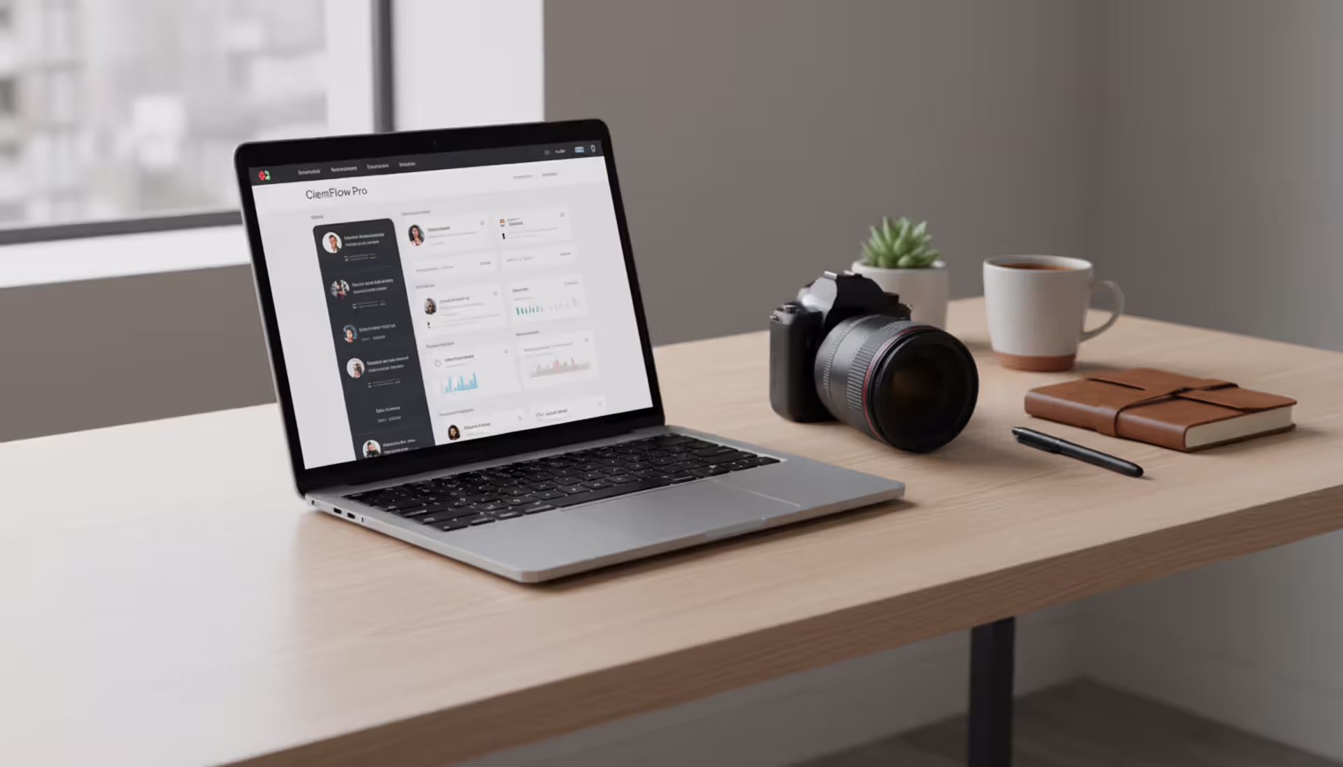 Professional photographer workspace with laptop showing CRM interface, camera and lens on a clean modern desk with natural lighting