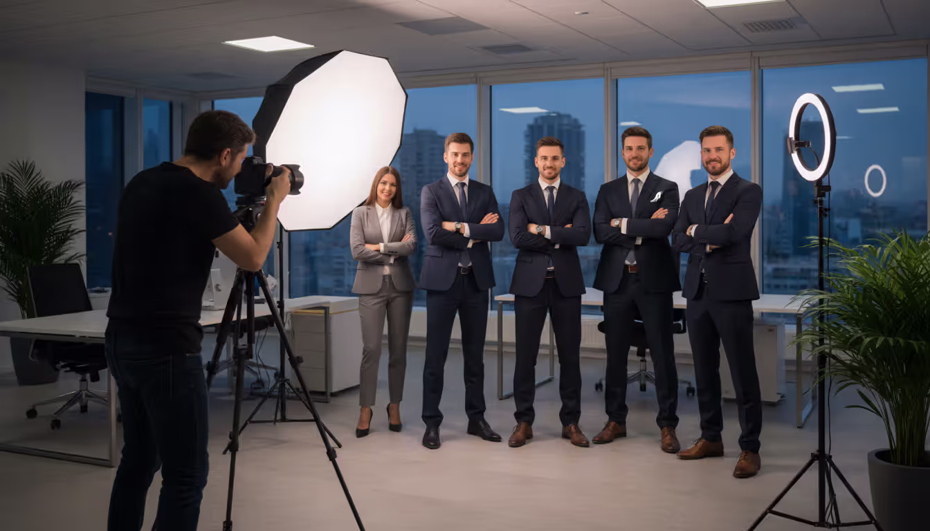 Photographer taking corporate headshot photos of business professionals in a modern office setting with professional lighting equipment