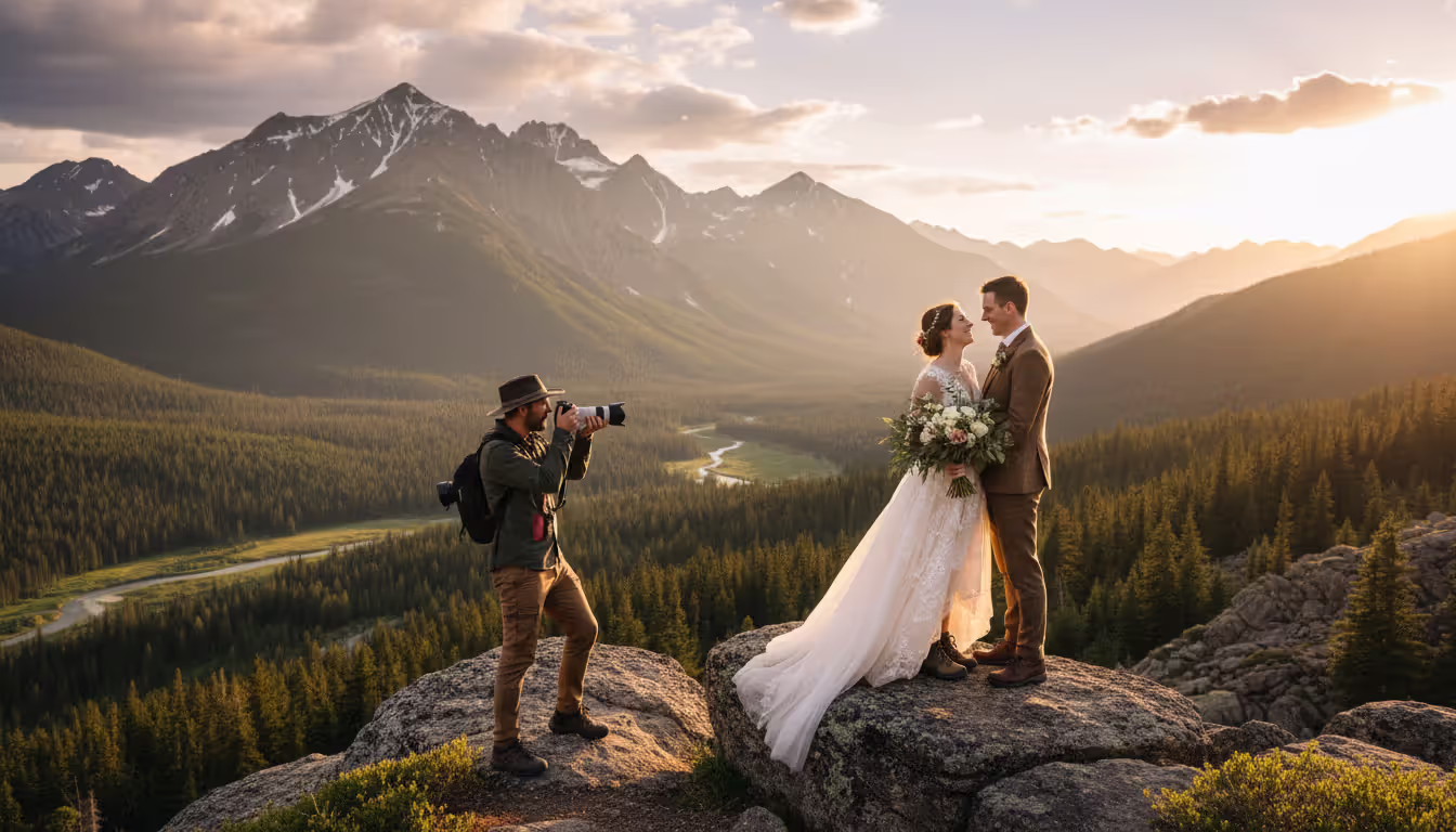 Adventure elopement photographer capturing a couple standing on a mountain cliff with scenic valley and peaks in the background during golden hour