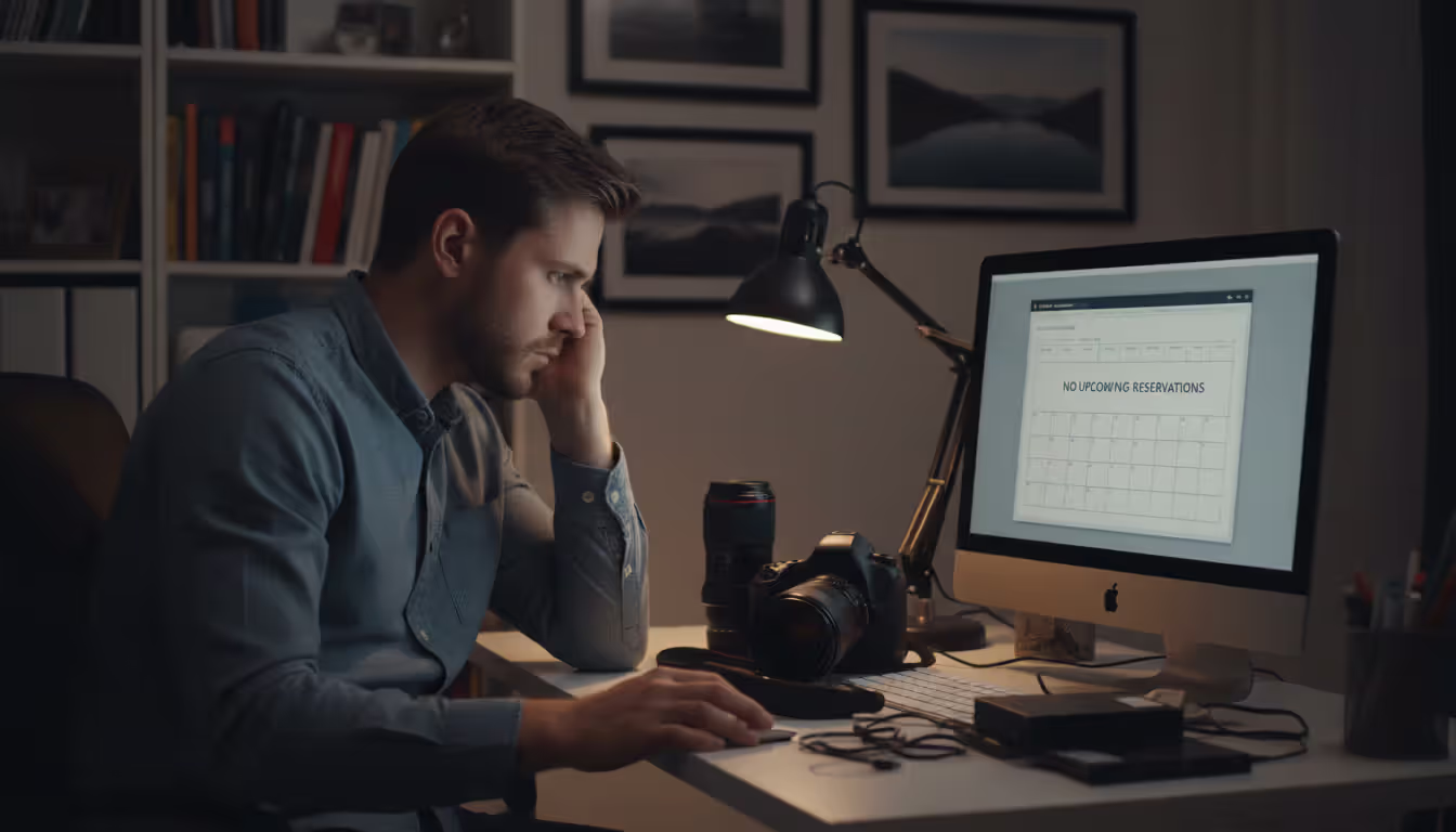 Frustrated photographer sitting at a desk in a home office looking at an empty booking schedule on a computer screen with camera gear lying unused nearby