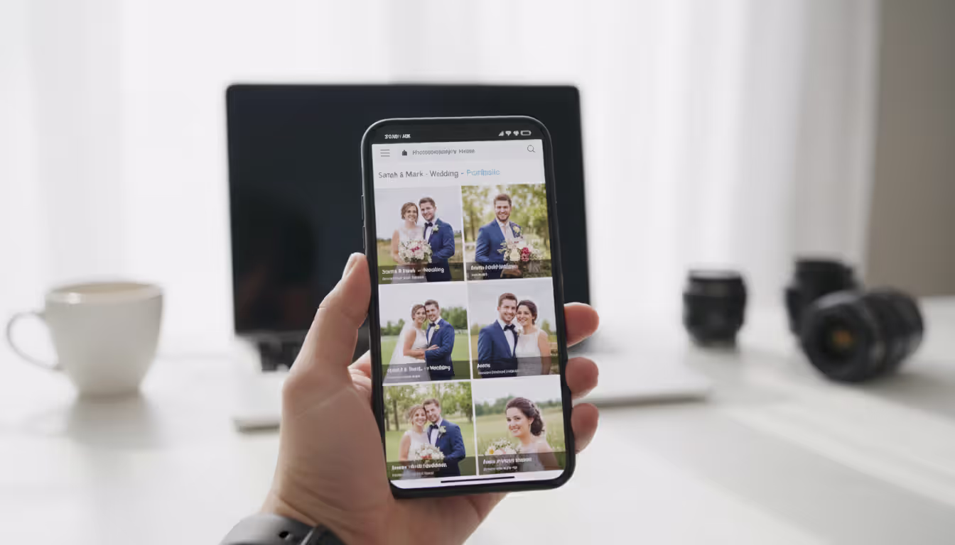 Hand holding a smartphone displaying a professional photography portfolio website with a grid of portrait and wedding photos and a blurred laptop in the background