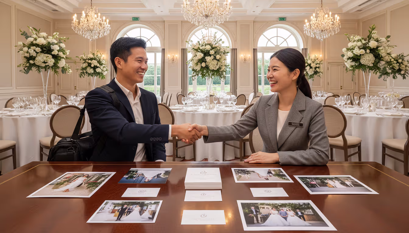 Photographer shaking hands with a wedding venue coordinator in an elegant banquet hall with business cards and printed photos on the table between them
