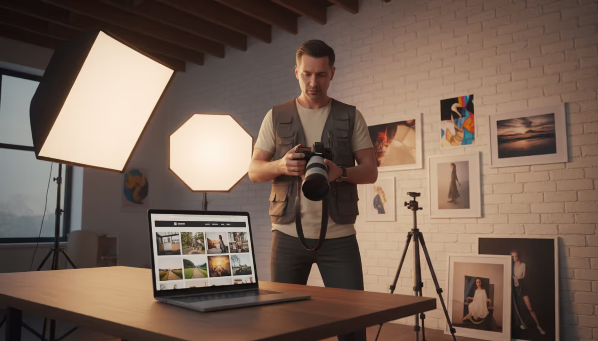 Professional photographer standing in a bright studio holding a camera with a laptop showing a portfolio website on the desk and lighting equipment in the background