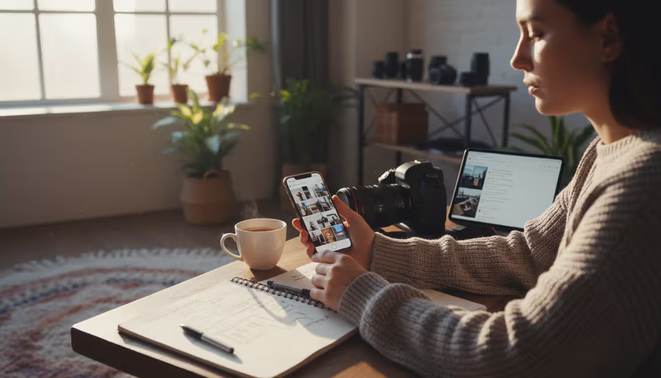 Photographer sitting at a desk planning social media content with a smartphone showing a photo feed, a camera, and a notebook nearby