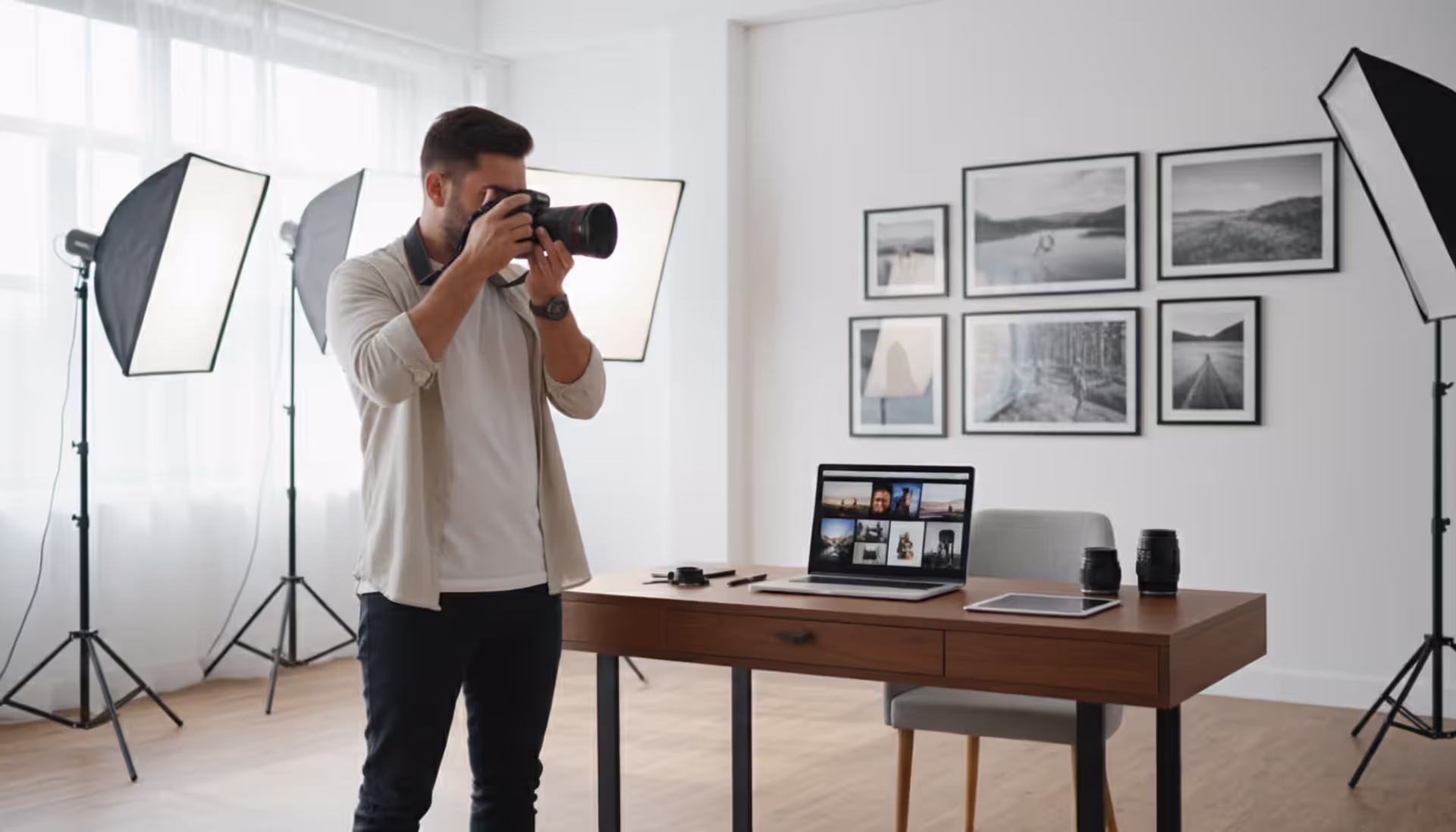 Professional photographer standing in a bright modern studio holding a camera with softboxes and framed prints on the wall