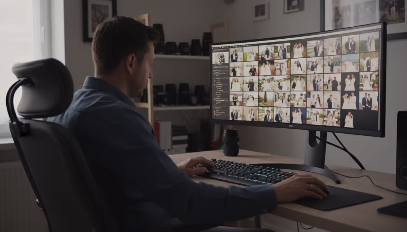 Photographer sitting at desk reviewing wedding photo thumbnails with color-coded selection marks on large monitor using keyboard shortcuts