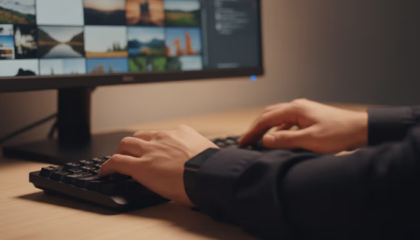 Close-up of photographer hands pressing keyboard shortcuts with blurred photo culling software interface on monitor in background