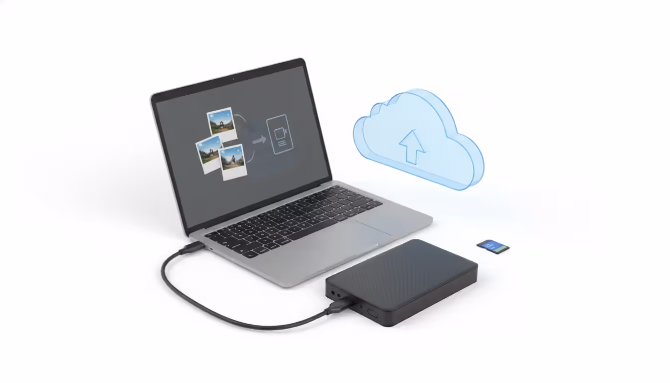 External hard drive connected to laptop with SD memory card nearby representing photo backup workflow concept