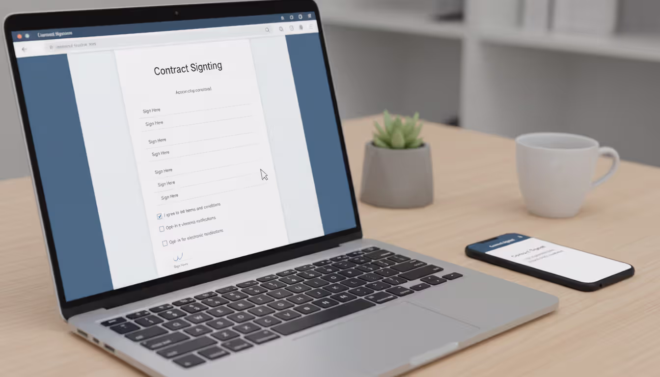 Laptop screen showing a digital contract signing platform with signature fields and checkboxes, smartphone nearby displaying a signed contract notification, clean modern minimalist desk