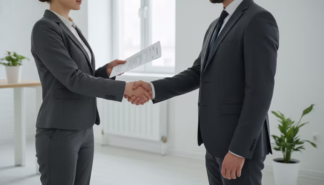 Photographer handing a professional invoice document to a client in a modern office setting