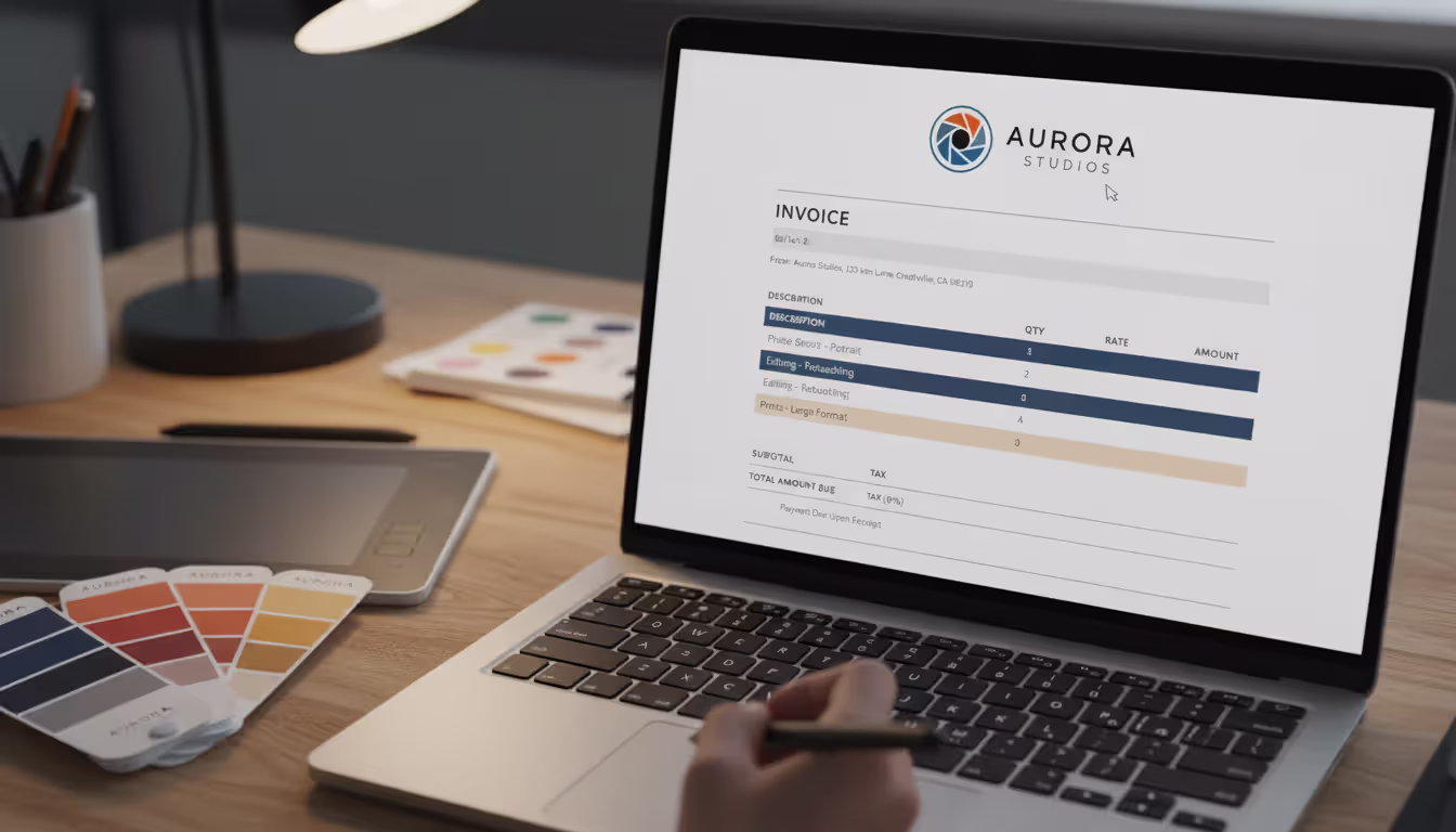 Laptop screen displaying a branded photography invoice template with logo and line items being customized