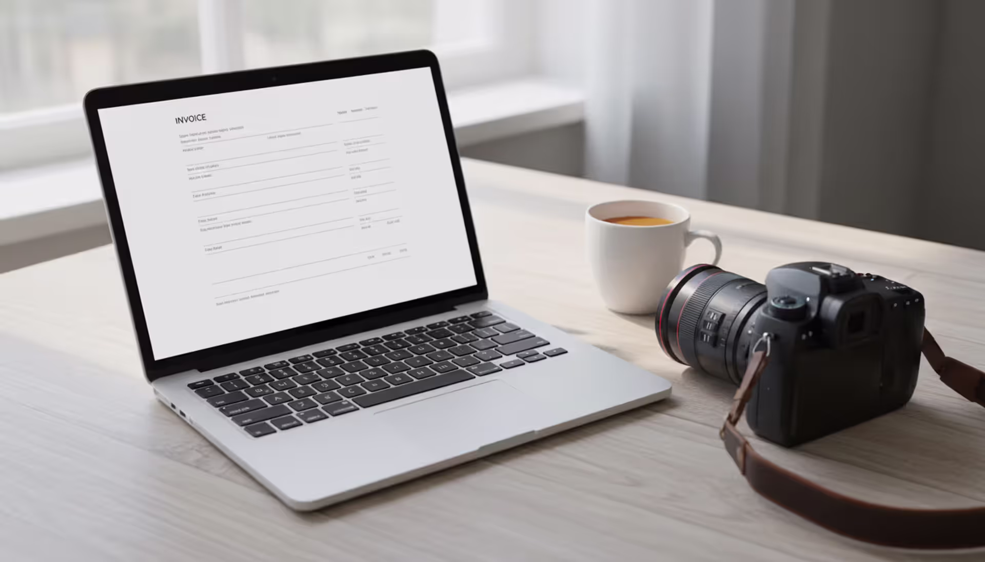 Photographer workspace with laptop showing invoice document, professional camera, and coffee cup on wooden desk