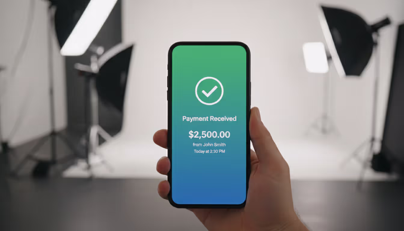 Close-up of smartphone screen displaying a successful payment notification with green checkmark held by a hand with blurred photo studio lighting equipment in background