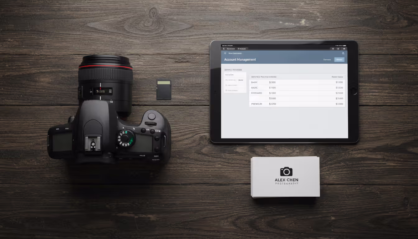 Flat lay top view of photographer tools on dark wooden table including camera lens memory card tablet with invoicing app showing pricing packages and business cards