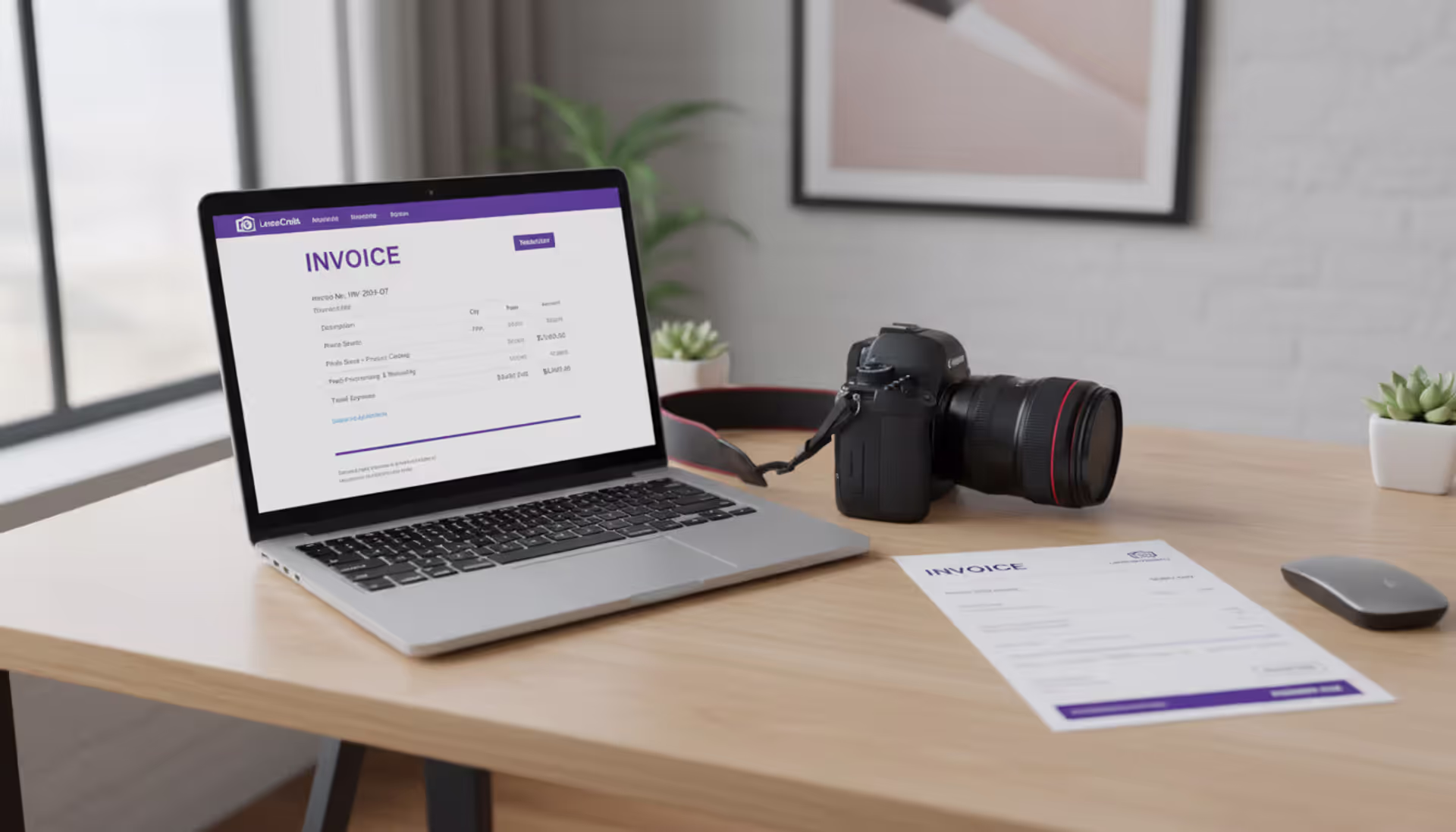 Professional photographer workspace with laptop showing invoicing software interface, DSLR camera, and printed invoice on a clean modern desk with natural side lighting