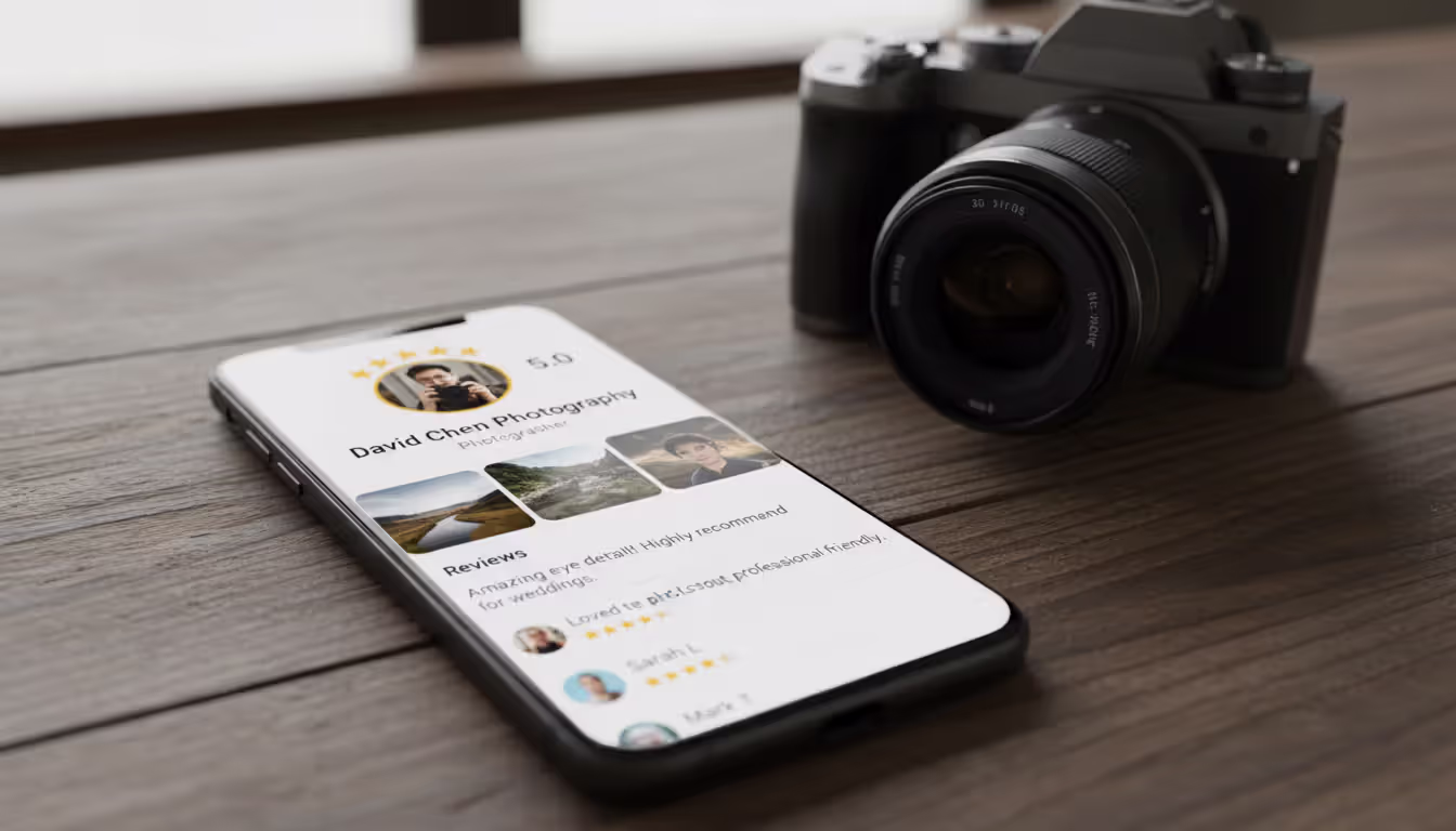 Smartphone screen displaying a photographer Google Business Profile with star ratings, portfolio photos, and client reviews on a wooden desk near a camera lens