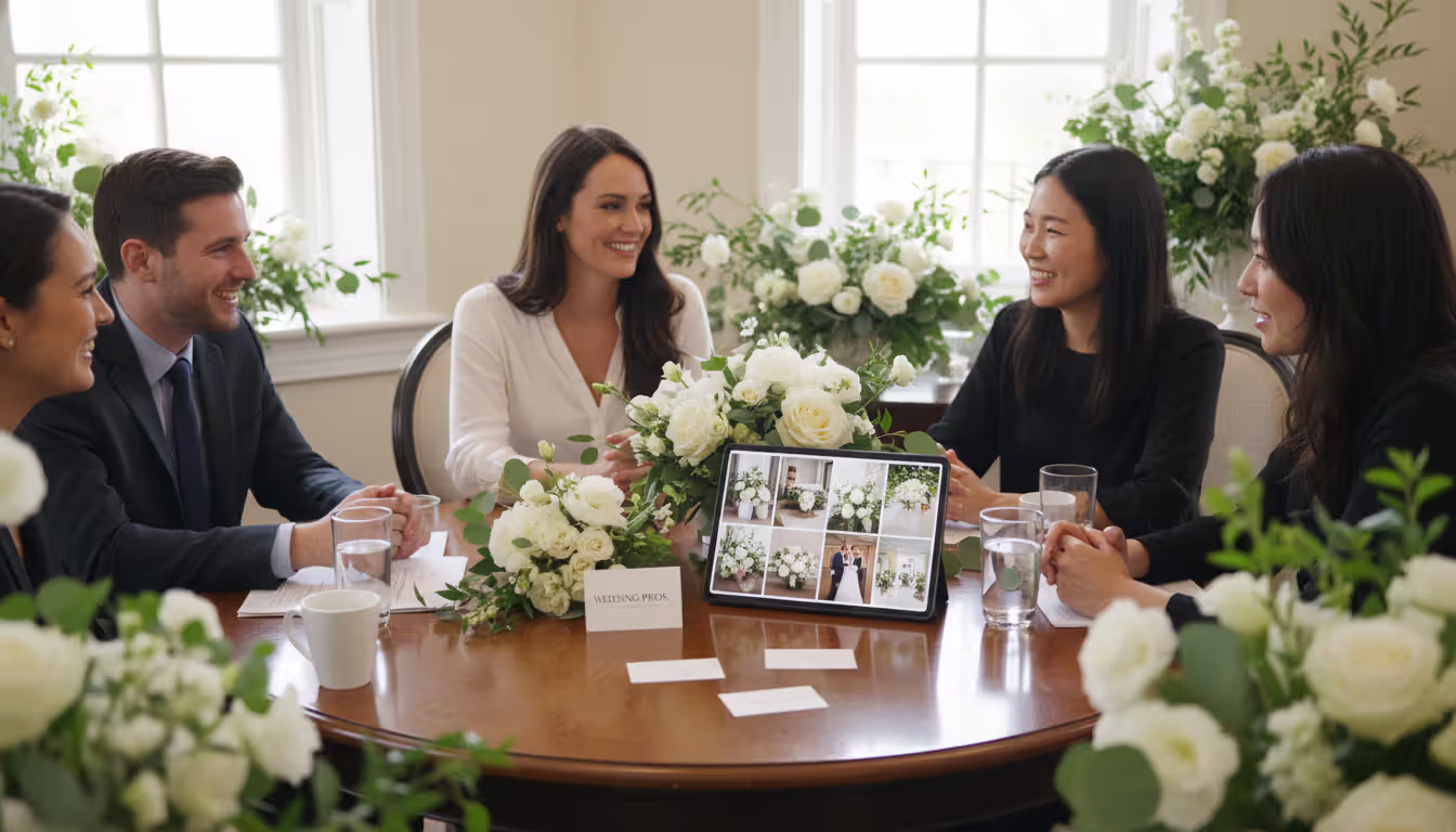 Wedding vendors including a photographer, florist, and planner networking at a round table with business cards and a tablet showing photos in a bright floral decorated venue