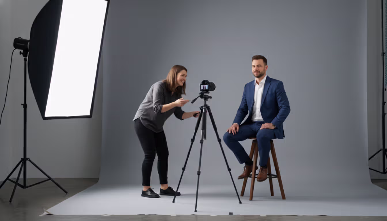 Portrait photographer working in a studio photographing a client seated in front of a solid backdrop with softbox lighting