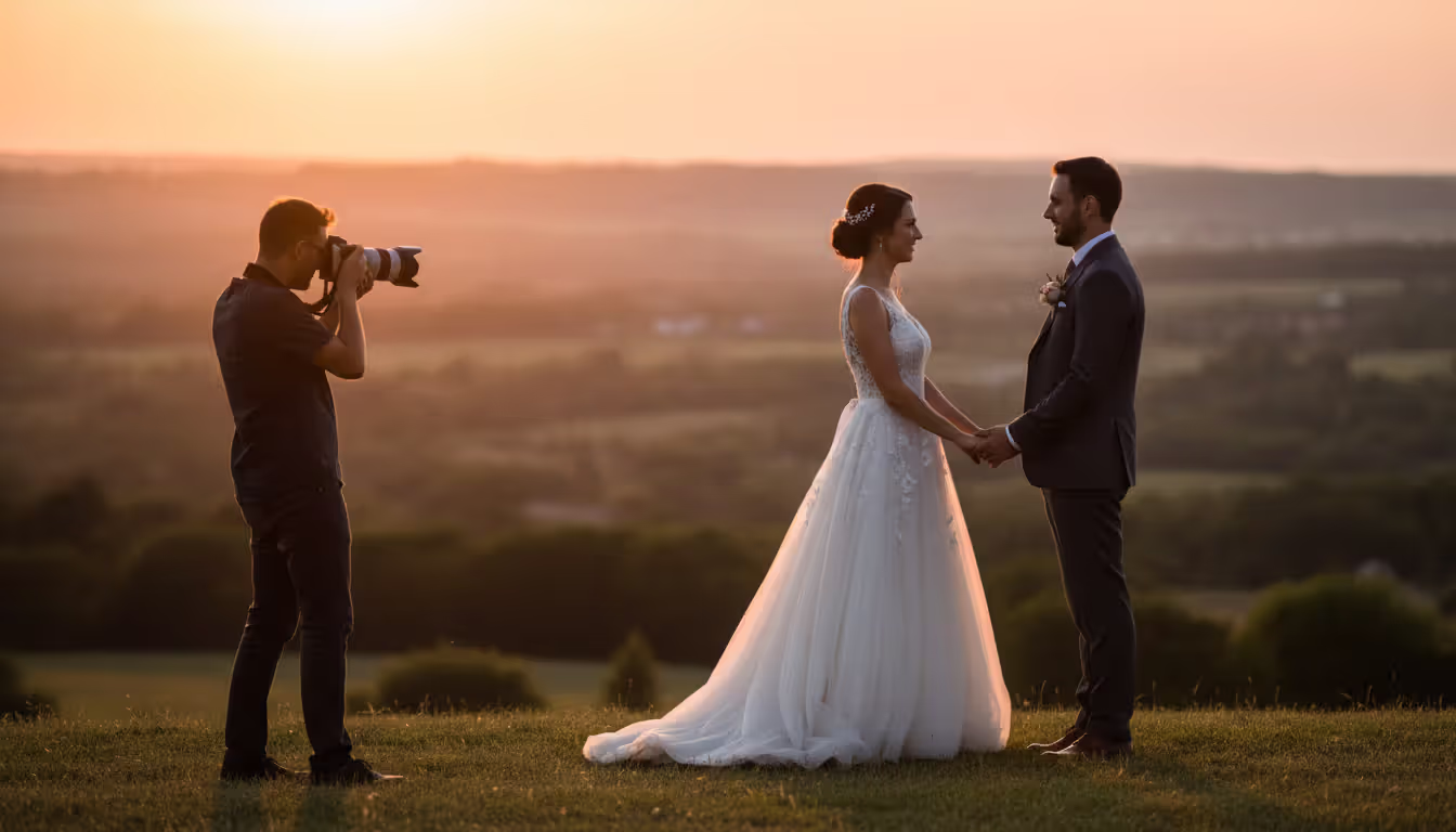 Wedding photographer capturing a bride and groom holding hands outdoors during golden hour with warm sunset light and green landscape