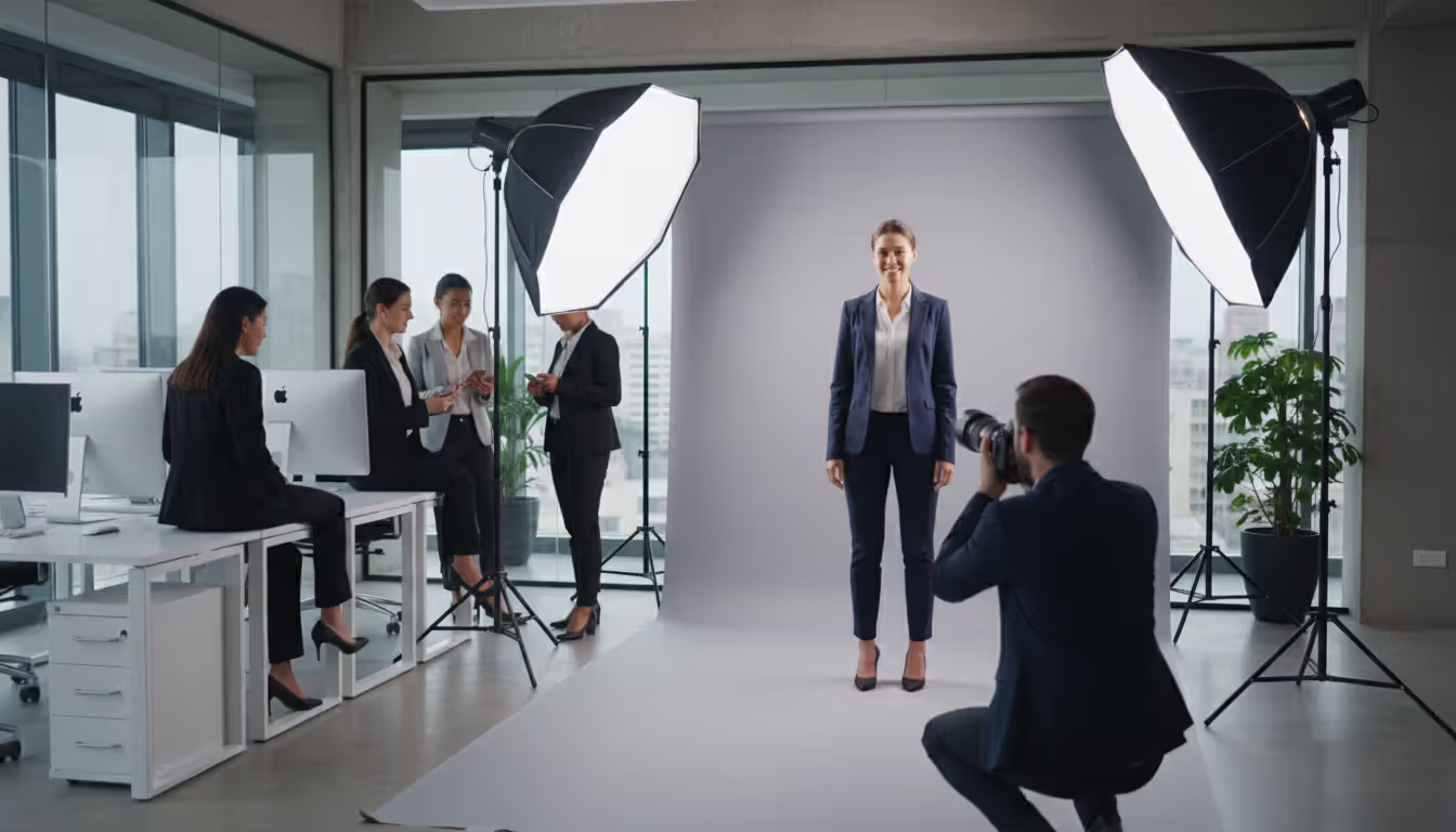 Corporate headshot session in a modern office with a photographer taking a professional portrait of an employee standing against a neutral backdrop while colleagues wait