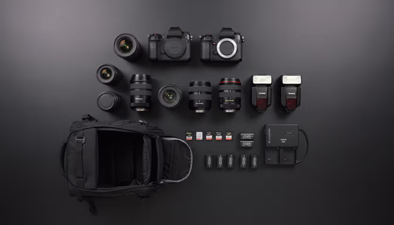 Professional photography equipment flat lay on a dark table including two camera bodies multiple lenses flash units memory cards batteries and a gear bag