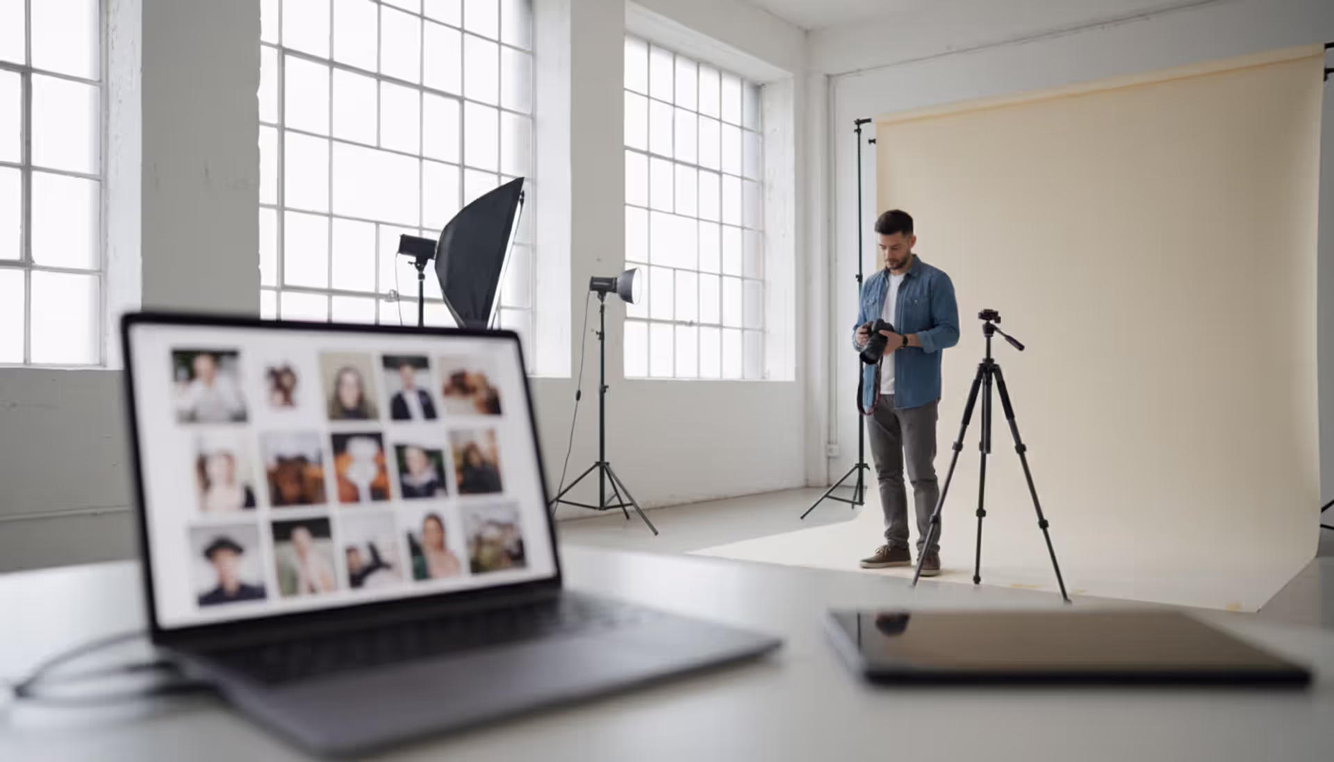 Professional photographer standing in a bright studio holding a camera next to lighting equipment with a laptop showing a photo gallery in the foreground