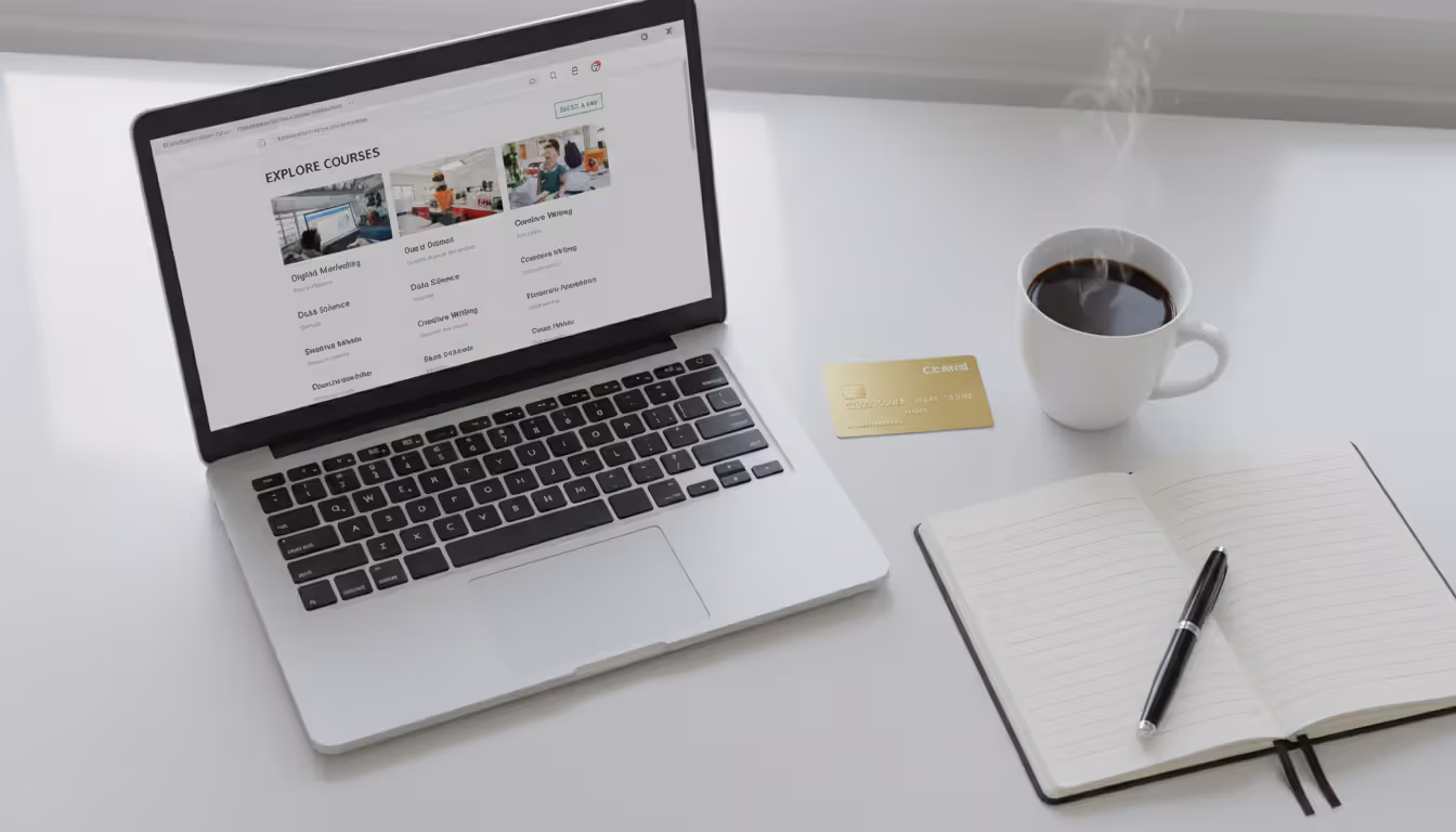Top-down view of laptop with online learning platform, credit card, coffee cup and notebook on clean desk