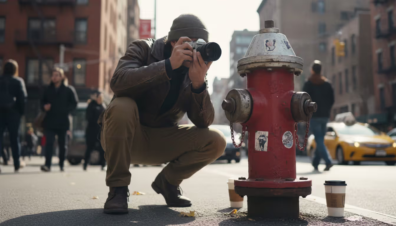 Photographer crouching on city street shooting fire hydrant from low angle creative perspective in daylight