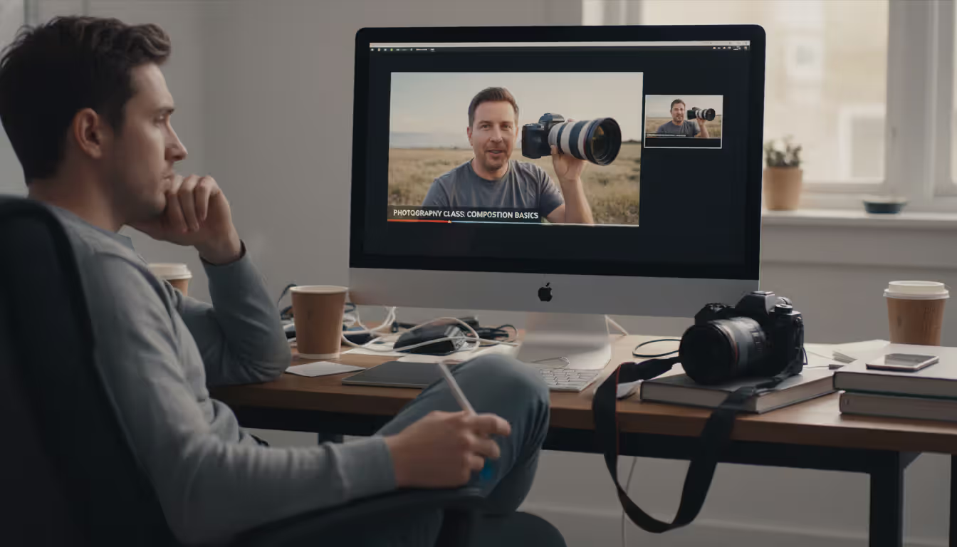 Person passively watching photography video tutorial on computer screen with unused camera sitting on desk nearby