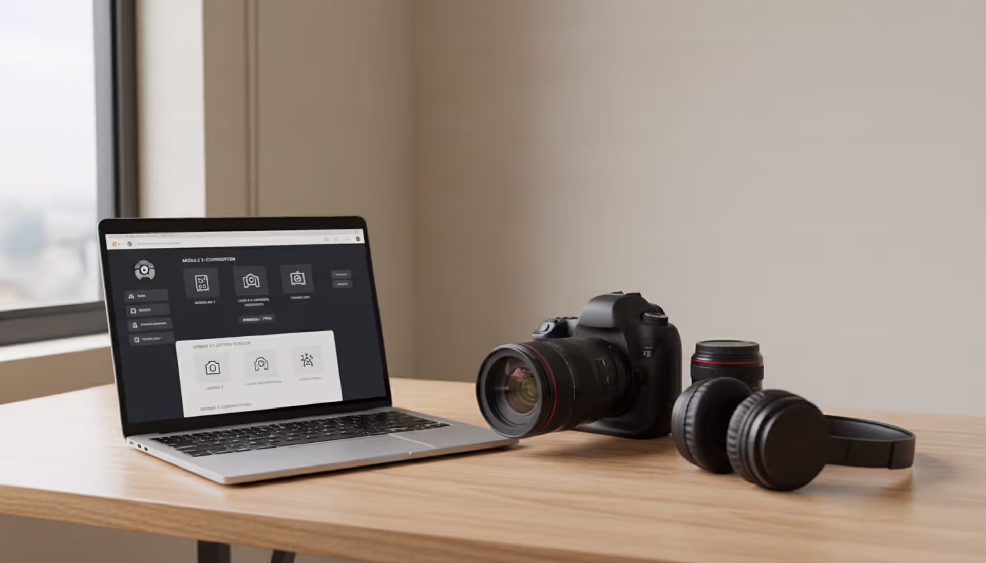 Photographer workspace with laptop showing online course interface, DSLR camera and lens on wooden desk in soft natural light