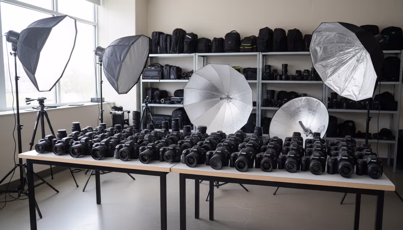 Row of professional DSLR and mirrorless cameras with lenses and studio lighting equipment arranged on a table in a classroom setting