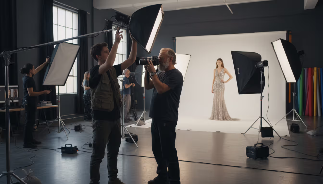 Young photography intern assisting a professional photographer on a studio set with lighting equipment, reflectors, and a model being photographed