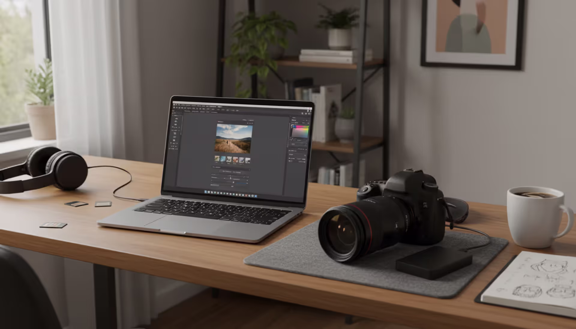Home workspace with laptop showing photo editing software, DSLR camera, external hard drive and coffee cup in natural window light