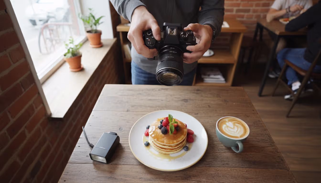 Photographer taking an overhead photo of a styled food plate in a modern cafe with natural window light