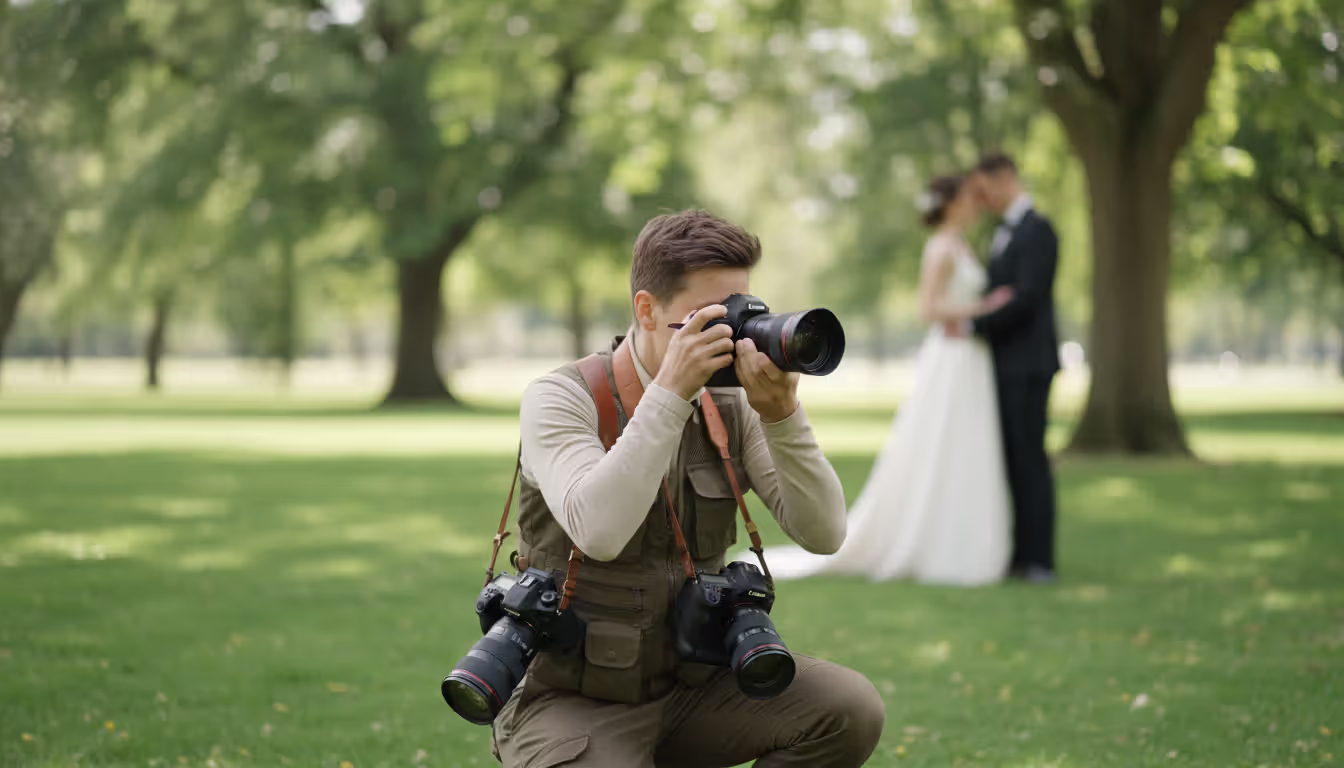 Wedding photographer crouching to take a photo of a blurred couple outdoors in a green park setting