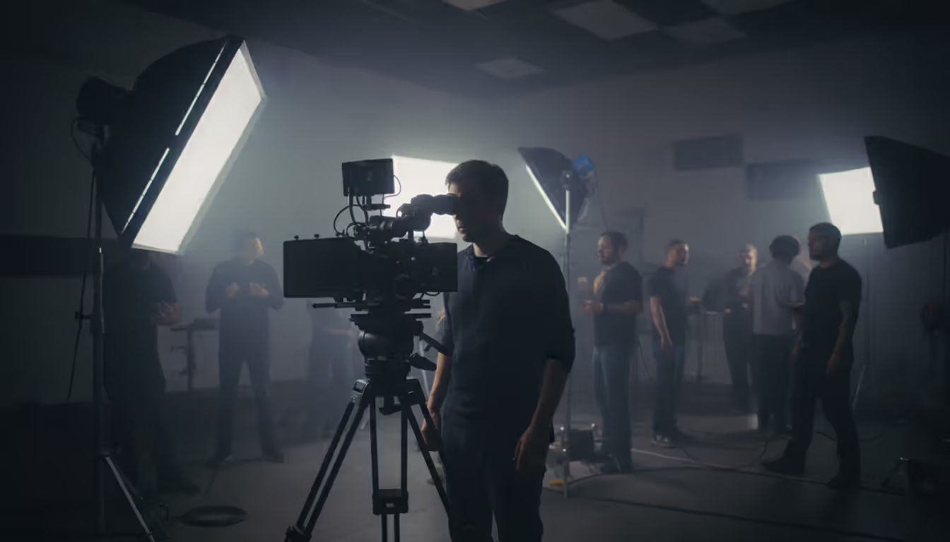 Cinematographer operating a professional cinema camera on a film set with studio lighting equipment