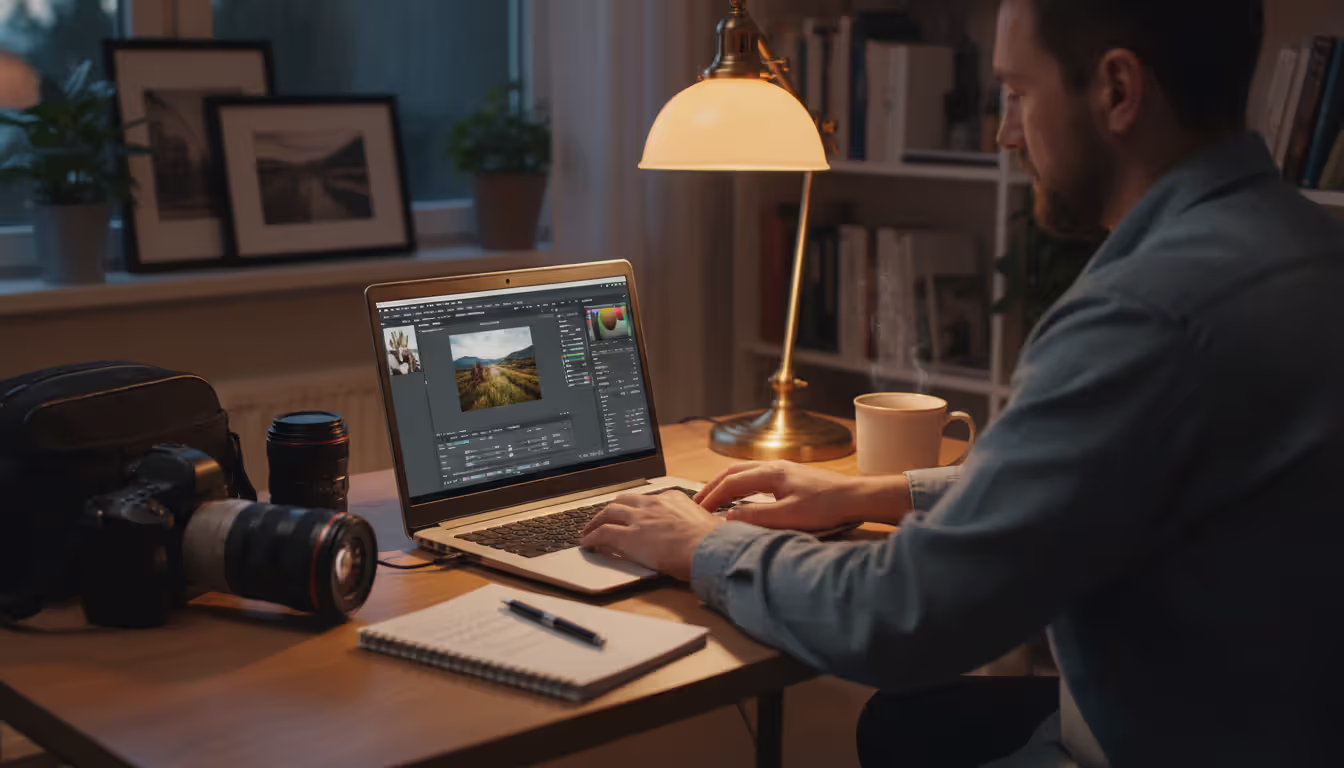 Photographer working at a desk with a laptop showing photo editing software, camera and lens nearby in a cozy home office
