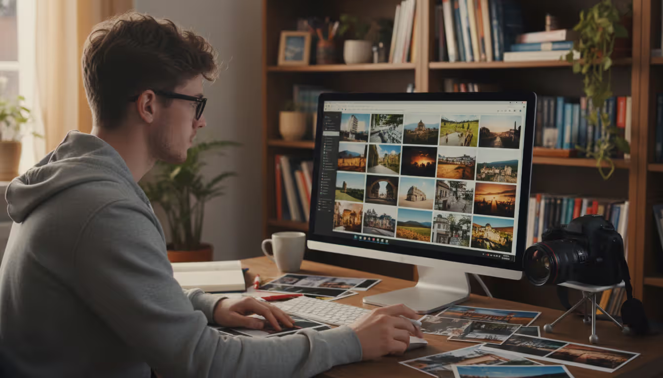 A young student studying photography at a home desk with a computer monitor displaying photos, a camera and printed photographs nearby
