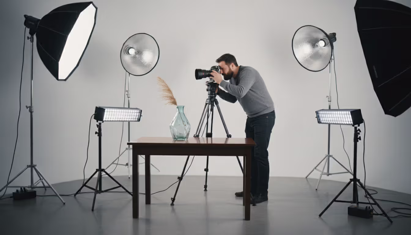 A professional photography studio setup with softbox lights and reflectors, a photographer behind a tripod-mounted camera shooting a glass vase on a product table
