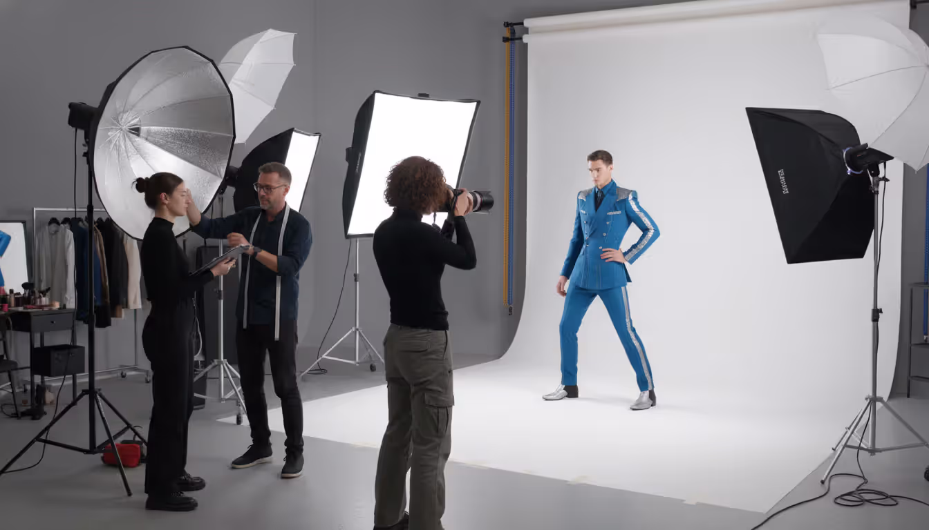 Fashion photography session in a professional studio with a photographer shooting a model, assistants, softbox lights, and a white seamless backdrop