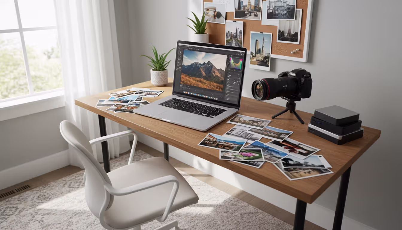 Freelance photographer workspace with a laptop showing photo editing software, a professional camera, external hard drives, and printed photos on a desk near a window