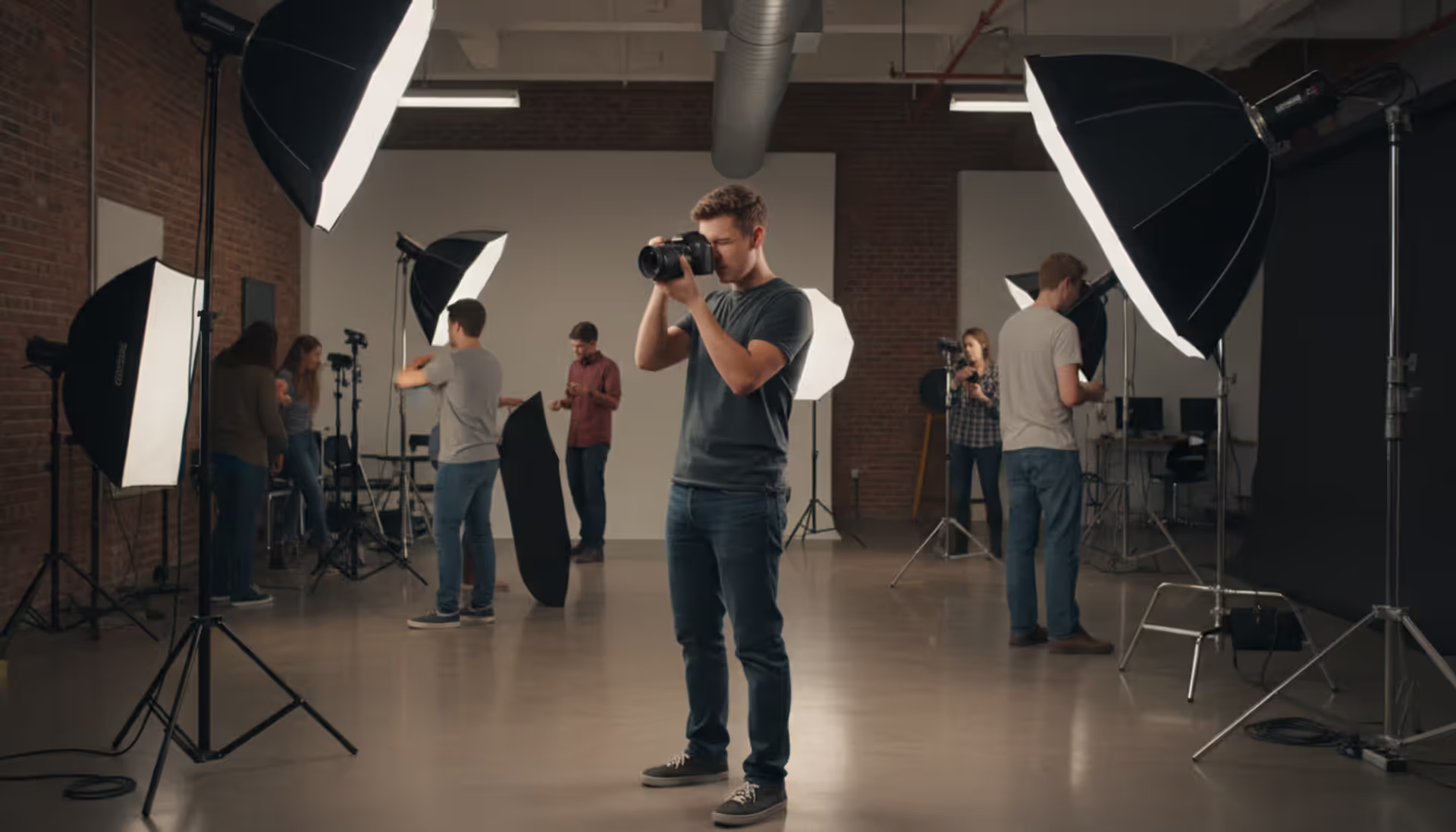 Young photography student holding a DSLR camera in a professional college photo studio with softbox lights and equipment in the background