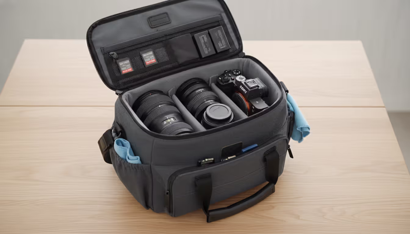 Top view of professional camera kit with DSLR body, multiple lenses, memory cards and accessories laid out on wooden table