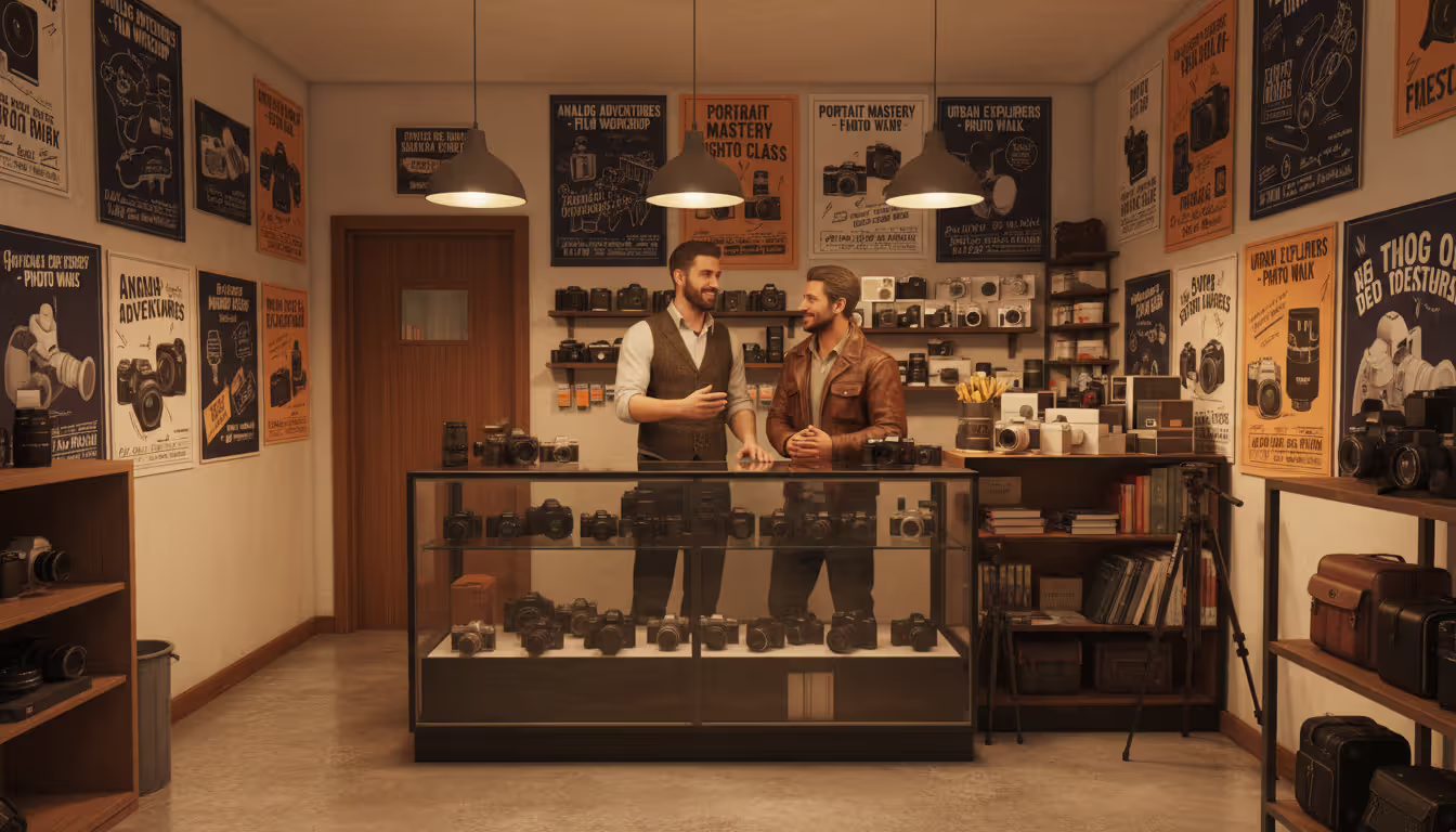 Interior of a small independent camera store with workshop flyers on the wall, lenses on display, and a staff member talking to a customer
