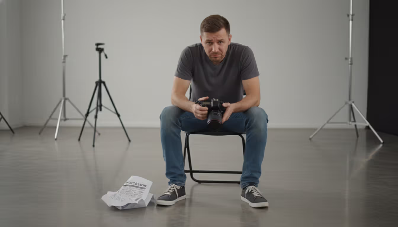A frustrated photographer sitting alone in an empty studio holding a camera, with unused lighting equipment in the background