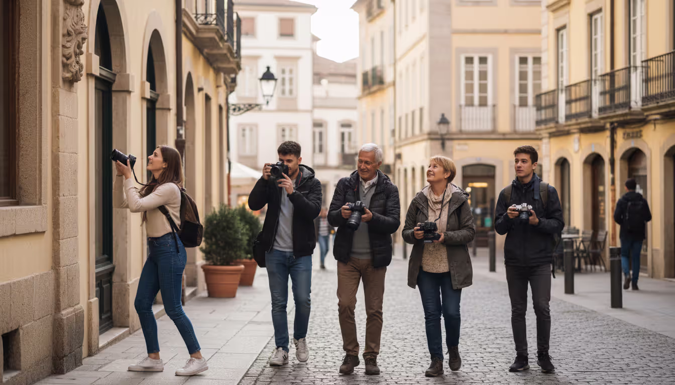 Small group of photographers walking through a scenic city street during a photo walk, one person crouching to photograph architectural detail, daylight