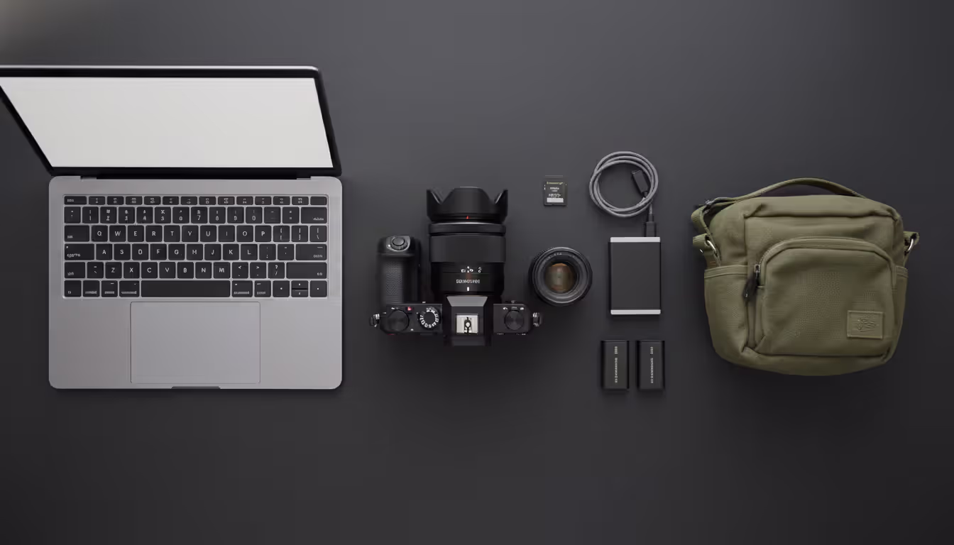 Flat lay of beginner photographer equipment including mirrorless camera body two lenses memory card external hard drive laptop and camera bag on dark surface top view