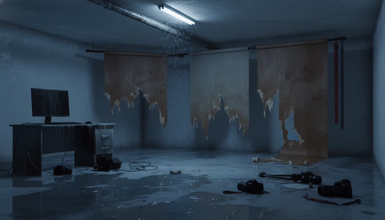 Flooded small photography studio with water on floor damaged backdrops and wet computer showing water pipe leak from ceiling