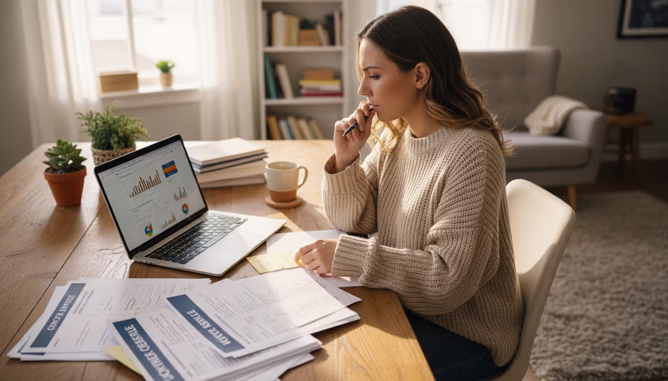Female photographer at home office desk comparing insurance quotes on laptop with printed documents and handwritten notes in natural daylight